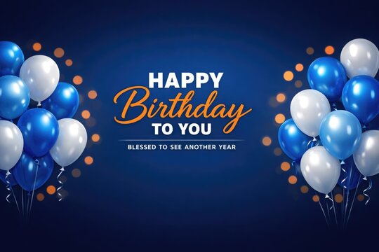 Festive happy birthday greeting banner, blue and white balloons. Party invitation background photo