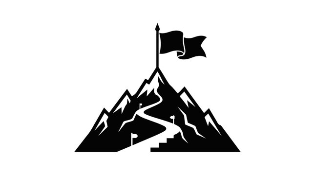 Mountain Silhouette With Flag And Path Black On White Background