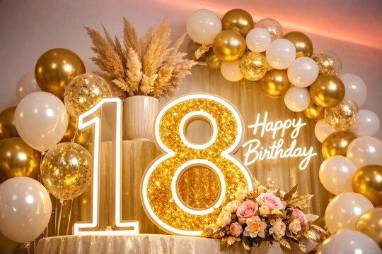 Golden 18 birthday balloon arch photo, rose gold party decor. Happy Birthday glitter backdrop setup