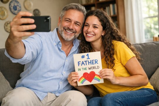 Happy family selfie on sofa, father holding Father's Day card. Cozy home lifestyle portrait photo