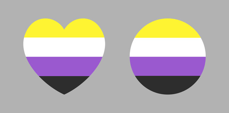 Set of Non binary flag pride heart, circle sticker, badge. LGBTQ pride flag heart, round symbol, button, icon. Flag Nonbinary pride. LGBT sign. Identity flag of Sexual minorities.
