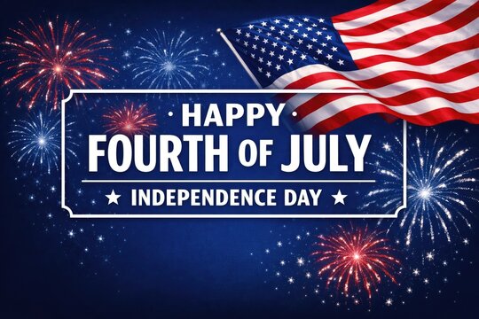 Patriotic Fourth of July celebration banner, American flag fireworks background, holiday greeting photo