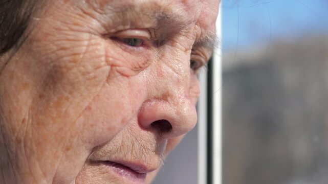 Close up profile sad and lonely old woman 90 years with wrinkled skin looking out window. Gaze filled with melancholy and nostalgia while reflecting on past life. Suffers nervous tic and facial tremor