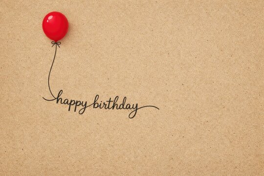 Minimalist happy birthday card photo, red balloon on kraft paper, handwritten calligraphy greeting
