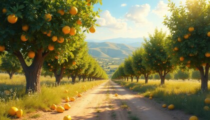 Naklejka premium Rows of orange trees heavy with ripe fruit line a dirt path. Sunlight filters through leaves creating dappled shadows. Rolling hills create a scenic background under a bright blue sky.