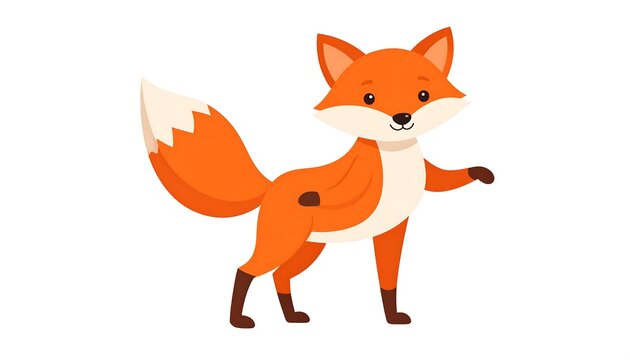 A cartoon fox with bright orange fur and a fluffy white-tipped tail, smiling cheerfully. It stands with a paw lifted