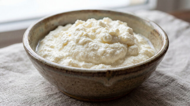 Fresh Homemade Cottage Cheese in a Rustic Bowl