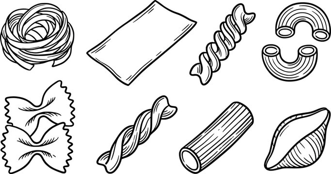 Hand drawn pasta collection, various types of italian noodles, vector illustration set transparent background