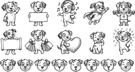 Fototapeta premium Dog Mascot Engraving Sketch Collection, Hand-Drawn Vector Vintage Woodcut Cute Puppy Poses and Emoji Expressions Set.