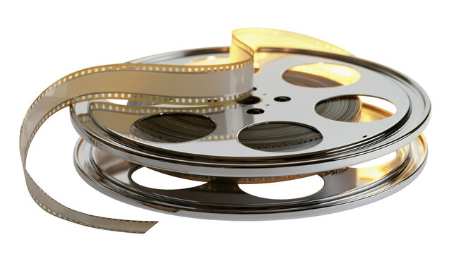 Shiny metal film reel with celluloid strip, isolated on transparent background