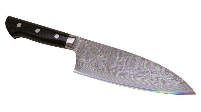Sharp Damascus steel chef s knife with black handle, isolated on transparent background