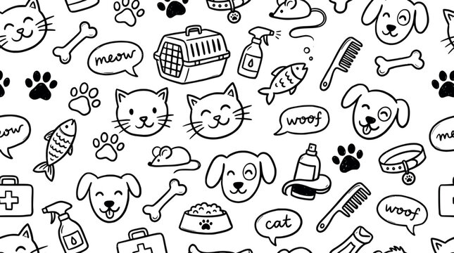 Seamless pattern with handdrawn pet icons including cats, dogs, fish, and accessories transparent background