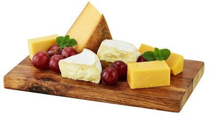 Assortment of cheese wedges and cubes with red grapes and mint leaves, isolated on transparent background © ELISA