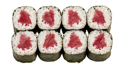 Eight pieces of fresh tuna maki sushi rolls with white rice and nori seaweed, isolated on transparent background © ELISA