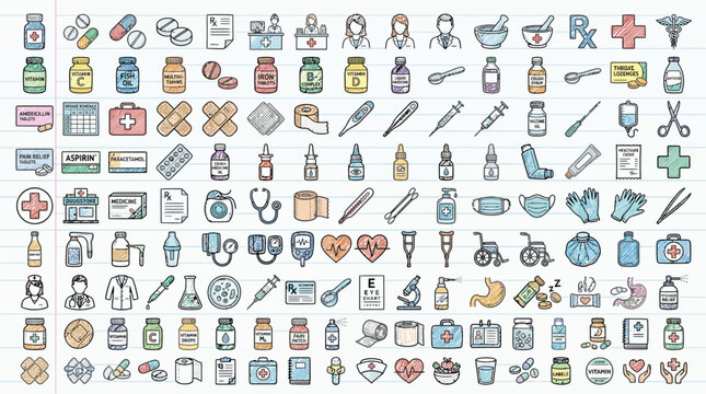 Medicine Icons Featuring Pills, Supplements, Medical Tools, and Healthcare Professionals in a Colorful Doodle Style