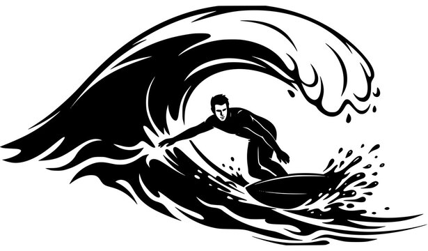 Minimal Surfer on Breaking Wave Silhouette Vector for Ocean Sports and Coastal Recreation