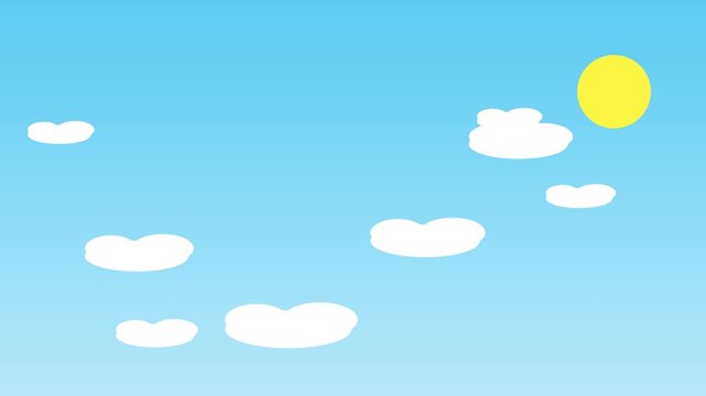 Animated sunny sky animation 4k background, with moving white, clouds and bright, yellow sun