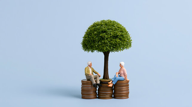 Miniature senior figures sit on stacks of coins under a small tree, symbolizing financial growth, pension, and retirement planning