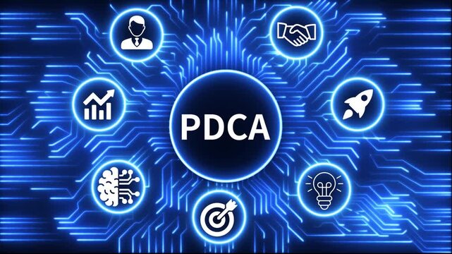 PDCA icon surrounded by smaller icons for ai manufacturing strategy. A glowing neon, and manufacturing process management all connected in a digital circuit like pattern, 4k video 