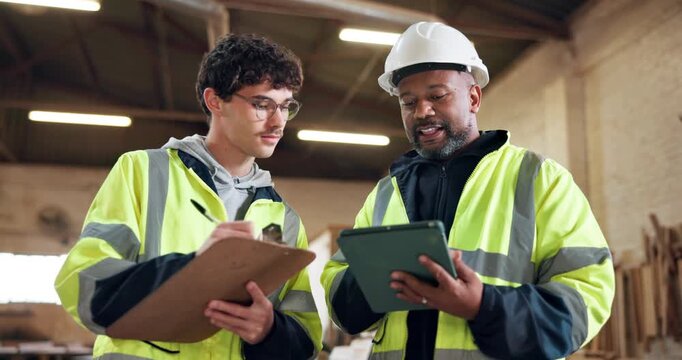 Workshop, team and clipboard with tablet for carpentry, plan and writing specifications for woodwork. Manager, people and talk in warehouse with tech, carpenter checklist and research for production.