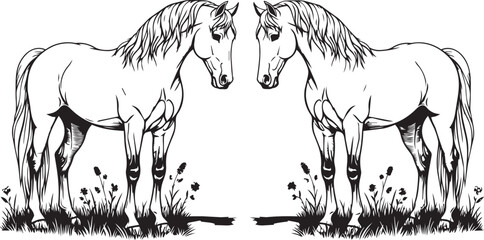 Fototapeta premium Two horses standing in grass with their heads touching during daytime
