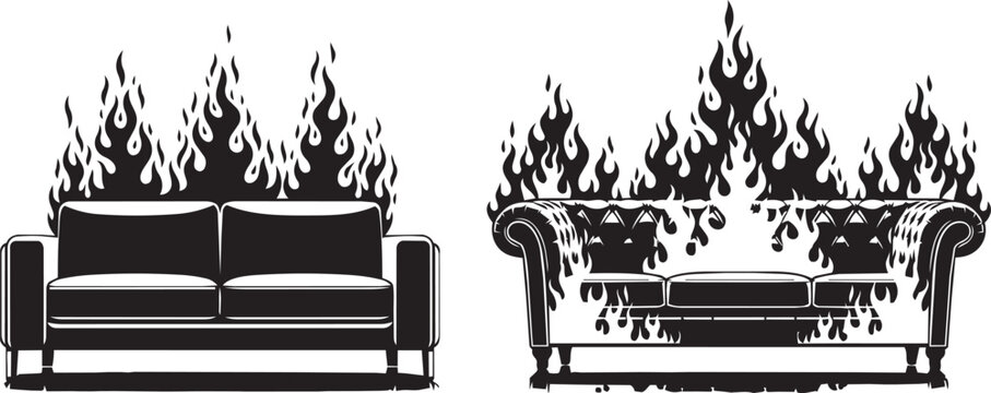 Two sofas in silhouette with stylized flames emerging from the top during a conceptual fire event