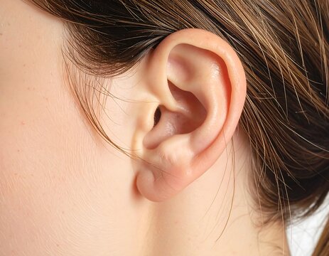 A close-up view showcasing the intricate details of a human ear. Soft skin and hair visible