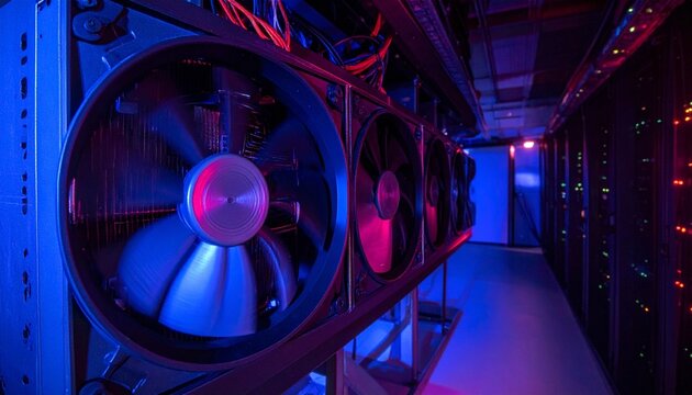 Massive cooling fans spin within a glowing data center, symbolizing power, precision, and the unseen energy driving modern computing and artificial intelligence infrastructure.