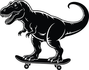 Fototapeta premium Black and white of a tyrannosaurus rex dinosaur riding a skateboard, isolated t-rex prehistoric de