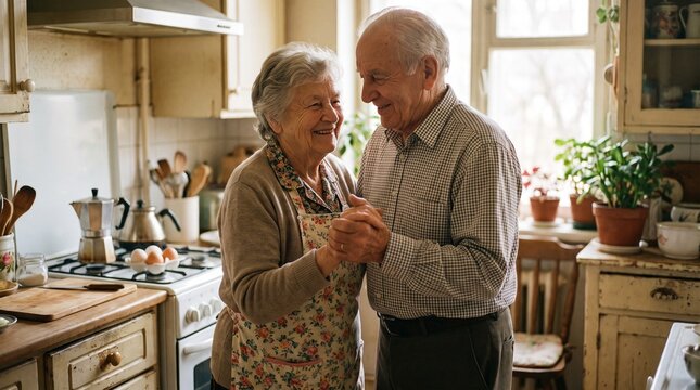 Charming lifestyle photograph of an elderly senior couple dancing slowly together with loving smiles in their cozy rustic kitchen