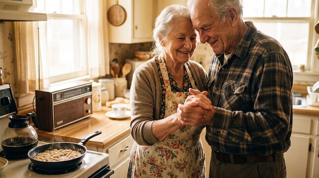Heartwarming lifestyle photograph of a senior elderly couple smiling and dancing slowly together while cooking breakfast in a cozy kitchen