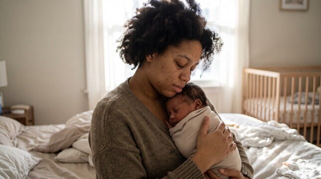 Raw emotional photograph of a young black mother holding her sleeping swaddled newborn baby close to her chest in a dimly lit nursery