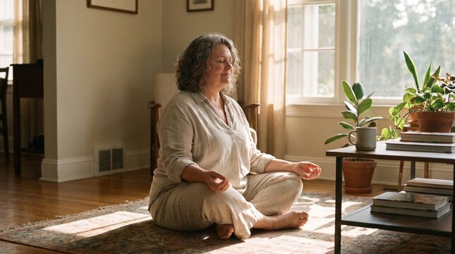 Serene candid photograph of a middle aged plus size woman sitting in a peaceful meditation pose on her living room floor during sunrise