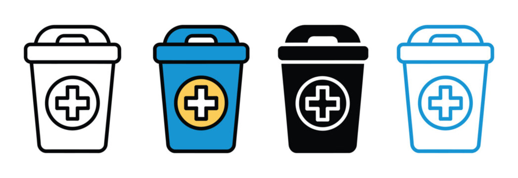 Medical waste icon collection, healthcare biohazard disposal symbols in colorful, filled and outline styles for hospital safety and environmental management.