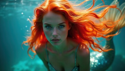 Obraz premium Red haired mermaid with blue eyes swims underwater in ocean. Her shiny tail glitters in blue water. Fiery hair floats around her face, creating magical atmosphere.