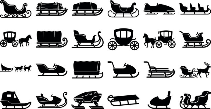Winter sleigh and sled silhouettes collection horse carriage snowmobile transport black vector icons set in image_27abf4.png