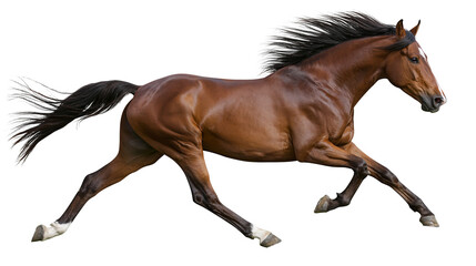 Majestic brown horse galloping with flowing mane and tail, isolated on transparent background © Noah