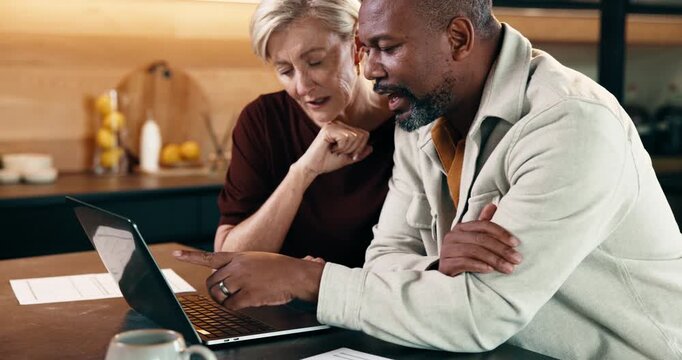 Mature, couple and discussion in home with laptop, online website and research for insurance premium. People, interracial marriage and talk in house with computer, reading policy terms and conditions