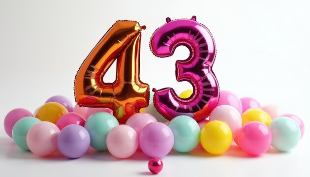 Shiny number 43 balloons and pastel color balls for celebration. Festive decor for birthday party event surprise gift. Milestone year happy occasion.