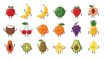 Fototapeta premium Big collection of adorable cartoon fruit characters with happy faces including apple, banana, orange, and pineapple.