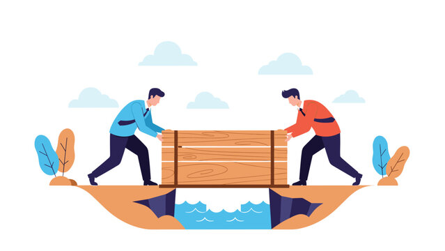 Two businessmen cooperate to bridge a gap between two cliffs by pushing a large wooden crate over the water below.