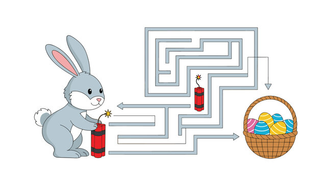 Educational maze puzzle featuring a cute grey bunny carrying dynamite trying to find the path to a basket of Easter eggs.