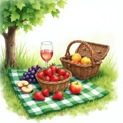 Fototapeta premium Watercolor illustration delightful picnic scene under shady tree. Green checkered blanket holds wicker basket filled with apples, fresh strawberries, grapes, alongside glass of rose wine, inviting