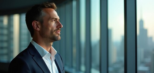 Fototapeta premium Man in suit looks out window of high rise office building. Businessman contemplates future success and career growth. Calm reflection on work goals and strategies.