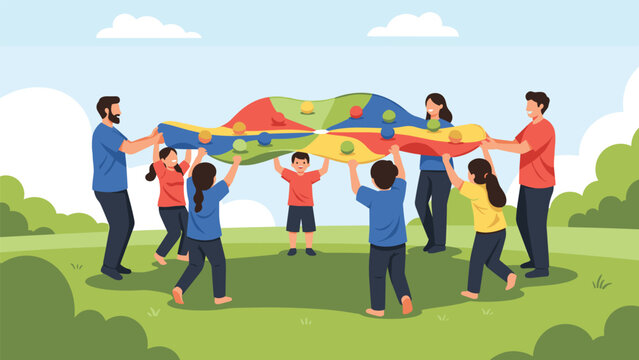 Happy children and adults playing together with a large colorful parachute in a green park under a bright blue sky.