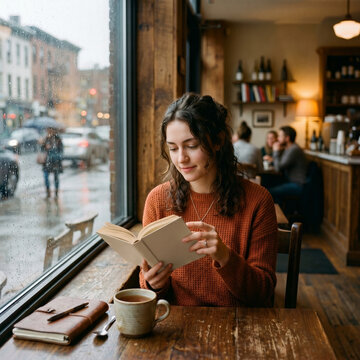 Young Woman Reading Blank Book Mockup in Cozy Coffee Shop by Rainy Window