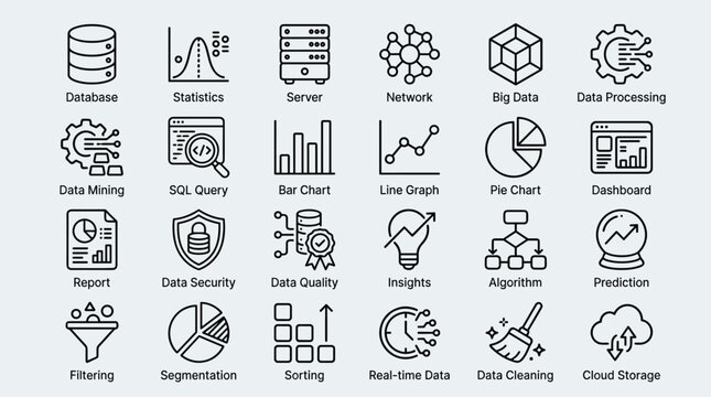 Data science analytics icon set containing thin line symbols for big data server network statistics database report processing algorithm and information technology.