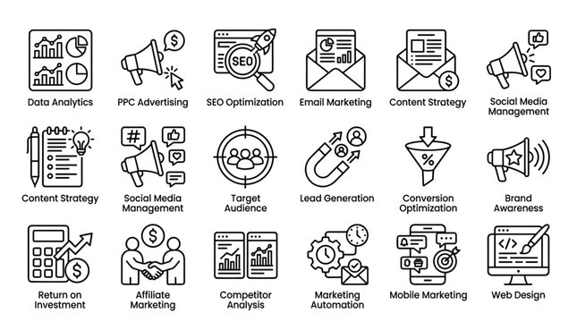 Digital marketing and business analytics icon set including thin line symbols for seo optimization ppc advertising email marketing social media and brand.