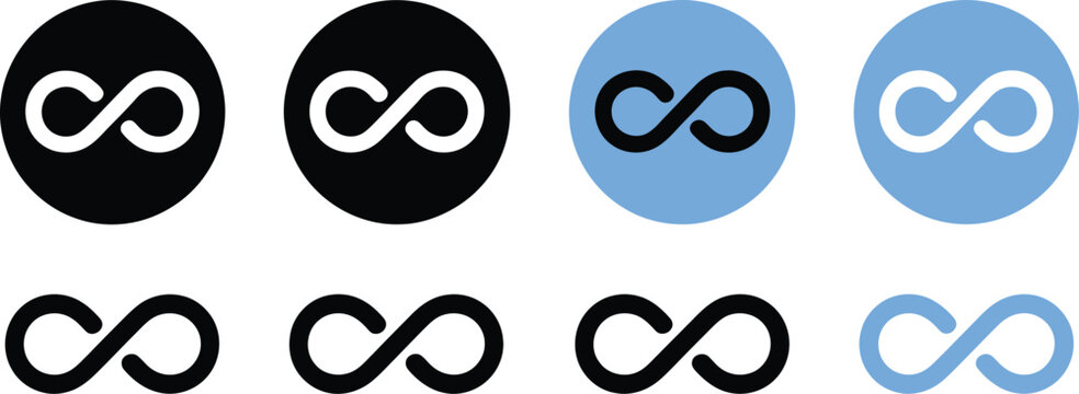 Infinity icon set, endless loop symbols, eternal concept, outline and silhouette styles, unlimited, continuous cycle, abstract geometry, mathematical sign, modern design