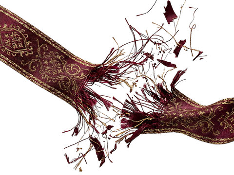 Torn Ornate Maroon and Gold Fabric Ribbon Isolated PNG